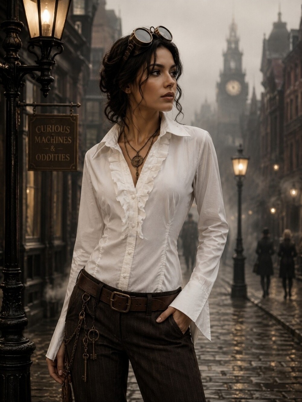 Banana Republic White Ruffle-Front Button-Down Fitted Steampunk Shirt Large